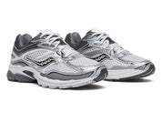 Image de la Saucony ProGrid Omni 9 Microchip, sneaker grise en mesh avec renforts métallisés argent/graphite et semelle technique ProGrid.