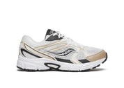 Saucony Ride Millennium blanche avec détails dorés et noirs, mesh respirant et semelle amortie GRID.Vue de coté