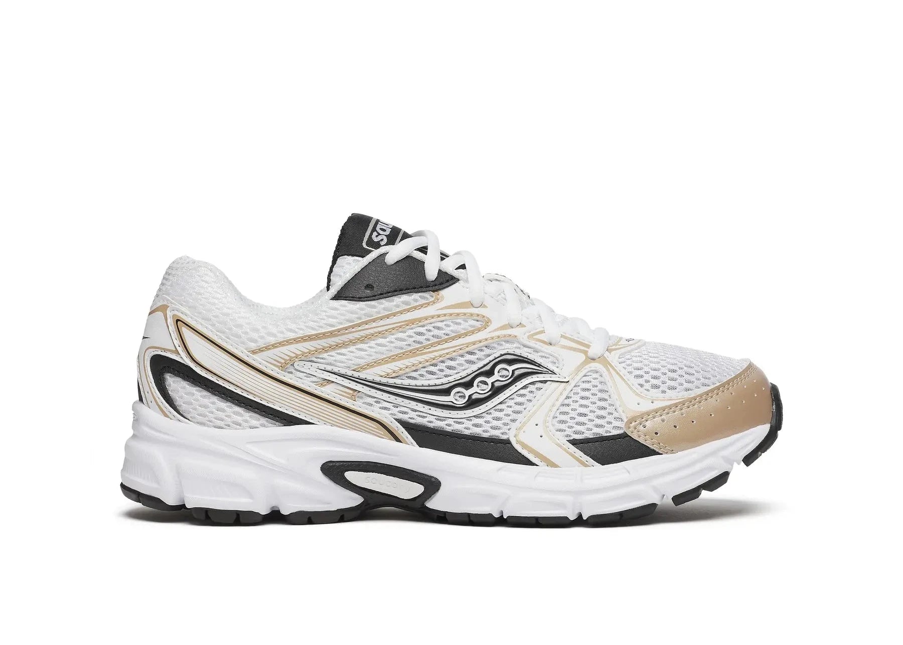 Saucony Ride Millennium blanche avec détails dorés et noirs, mesh respirant et semelle amortie GRID.Vue de coté