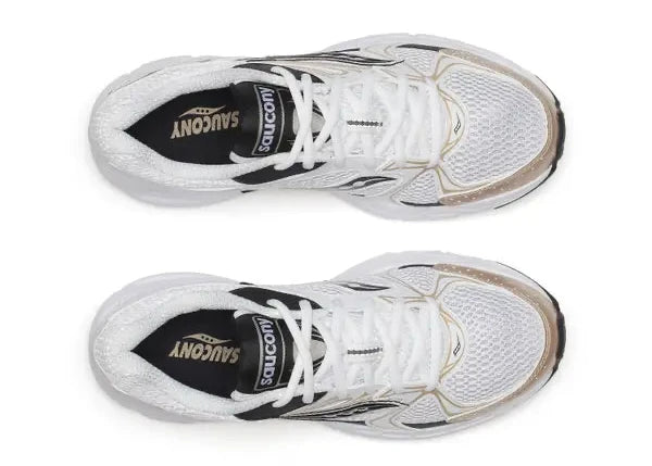 Saucony Ride Millennium blanche avec détails dorés et noirs, mesh respirant et semelle amortie GRID.Vue de haut