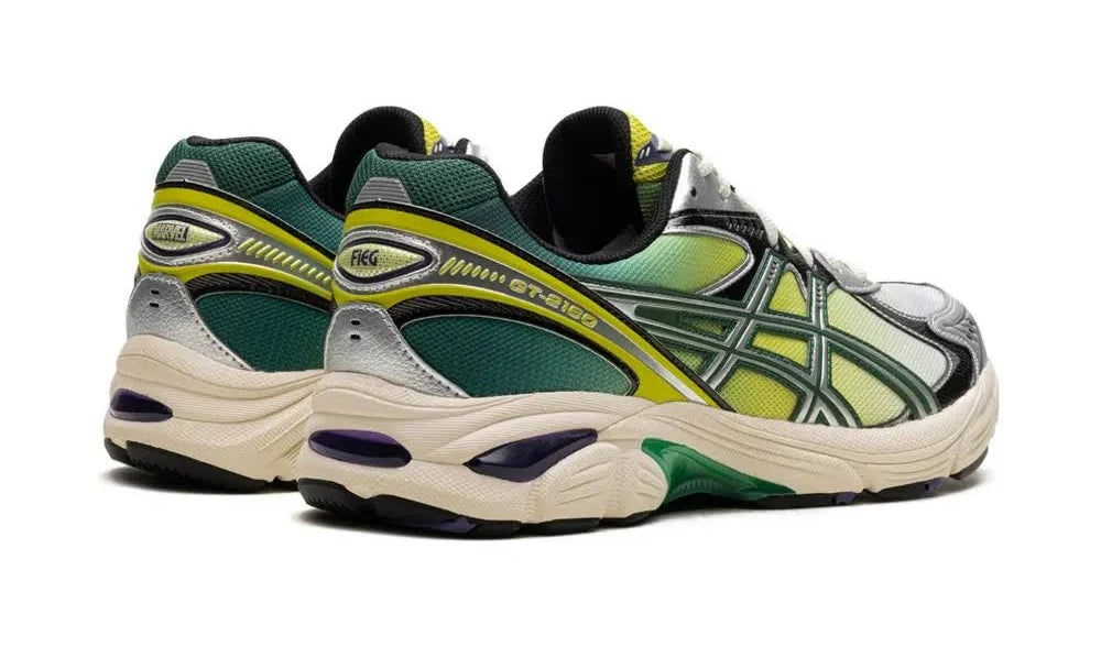 Sneaker ASICS GT-2160 Kith Marvel Green Goblin verte et violette avec amorti GEL et boîte collector scellée.