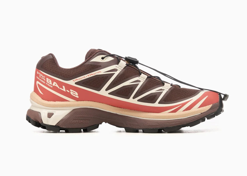 Salomon XT-6 Roasted Clay L47737500 en tons rouge argile et ocre brûlé avec empeigne textile technique, Quicklace™ et semelle trail.