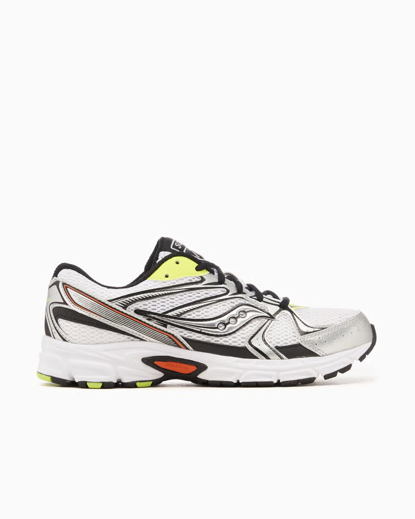 Saucony Grid Ride Millennium blanche avec détails argent, lime et orange, mesh respirant et amorti GRID.Vue de coté