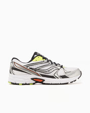 Saucony Grid Ride Millennium blanche avec détails argent, lime et orange, mesh respirant et amorti GRID.Vue de coté