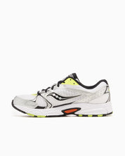 Saucony Grid Ride Millennium blanche avec détails argent, lime et orange, mesh respirant et amorti GRID.Vue de coté intérieur 