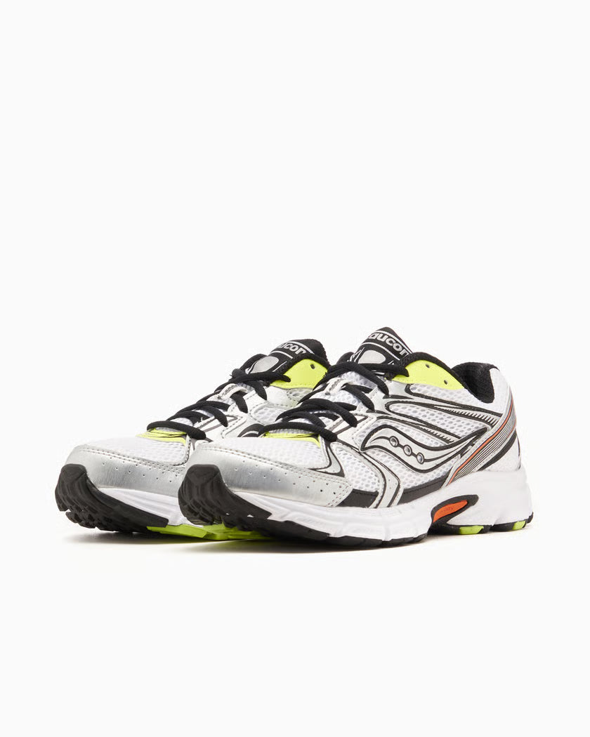 Saucony Grid Ride Millennium blanche avec détails argent, lime et orange, mesh respirant et amorti GRID.Vue de profil