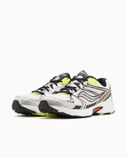 Saucony Grid Ride Millennium blanche avec détails argent, lime et orange, mesh respirant et amorti GRID.Vue de profil