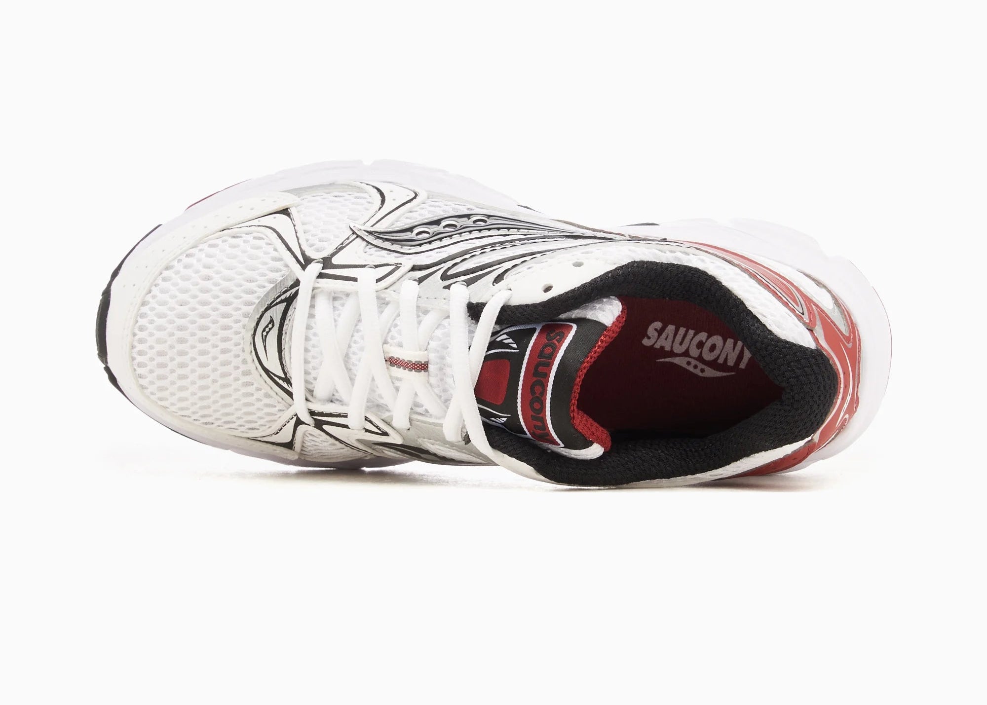 Saucony Grid Ride Millennium blanche avec détails argent et rouges, mesh respirant et amorti GRID.
Vue de haut