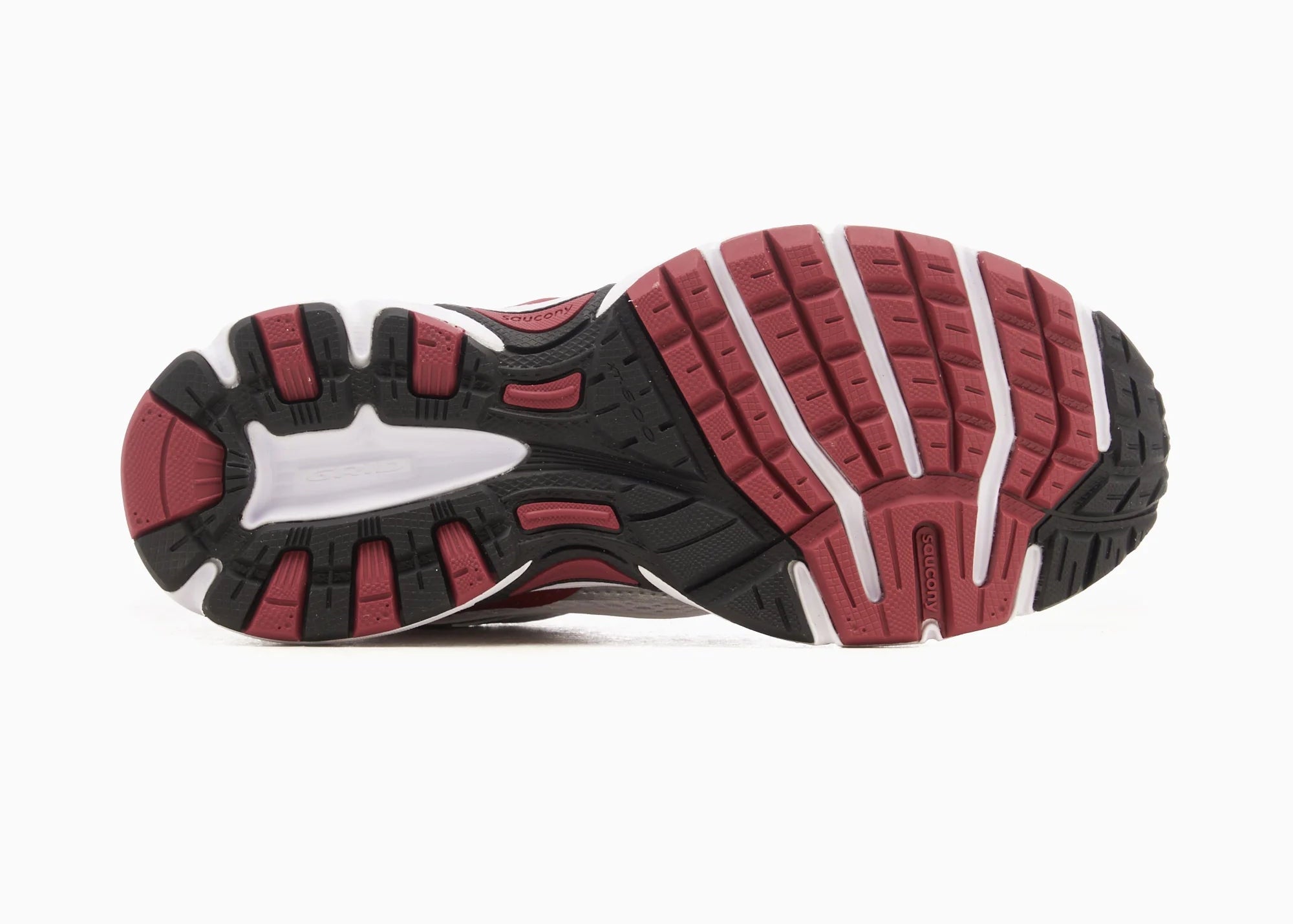 Saucony Grid Ride Millennium blanche avec détails argent et rouges, mesh respirant et amorti GRID.
Vue de la semelle 