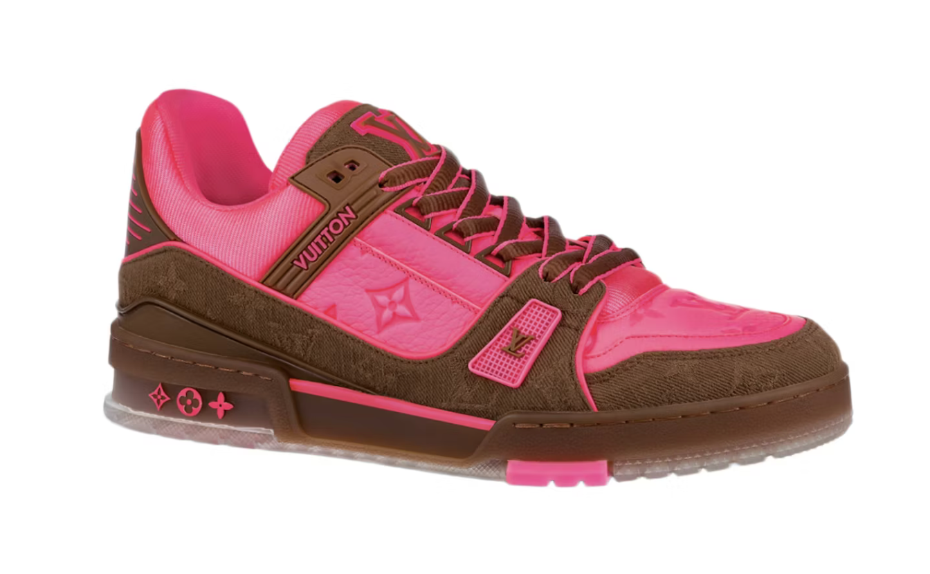sneakers Louis Vuitton LV Trainer Pink Brown en cuir premium avec détails Monogram embossés et semelle sculptée