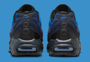 Nike Air Max 95 Stash 2024 bleu Obsidian et Harbor Blue avec panneaux en nubuck, cuir et ripstop, détails Stash et unités Air visibles.