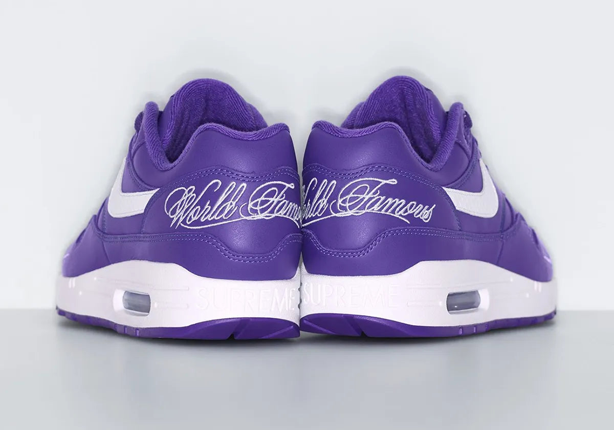 Chaussure de ville air max 1 supreme violet, blanc, semelle confortable, vue de l'arrière