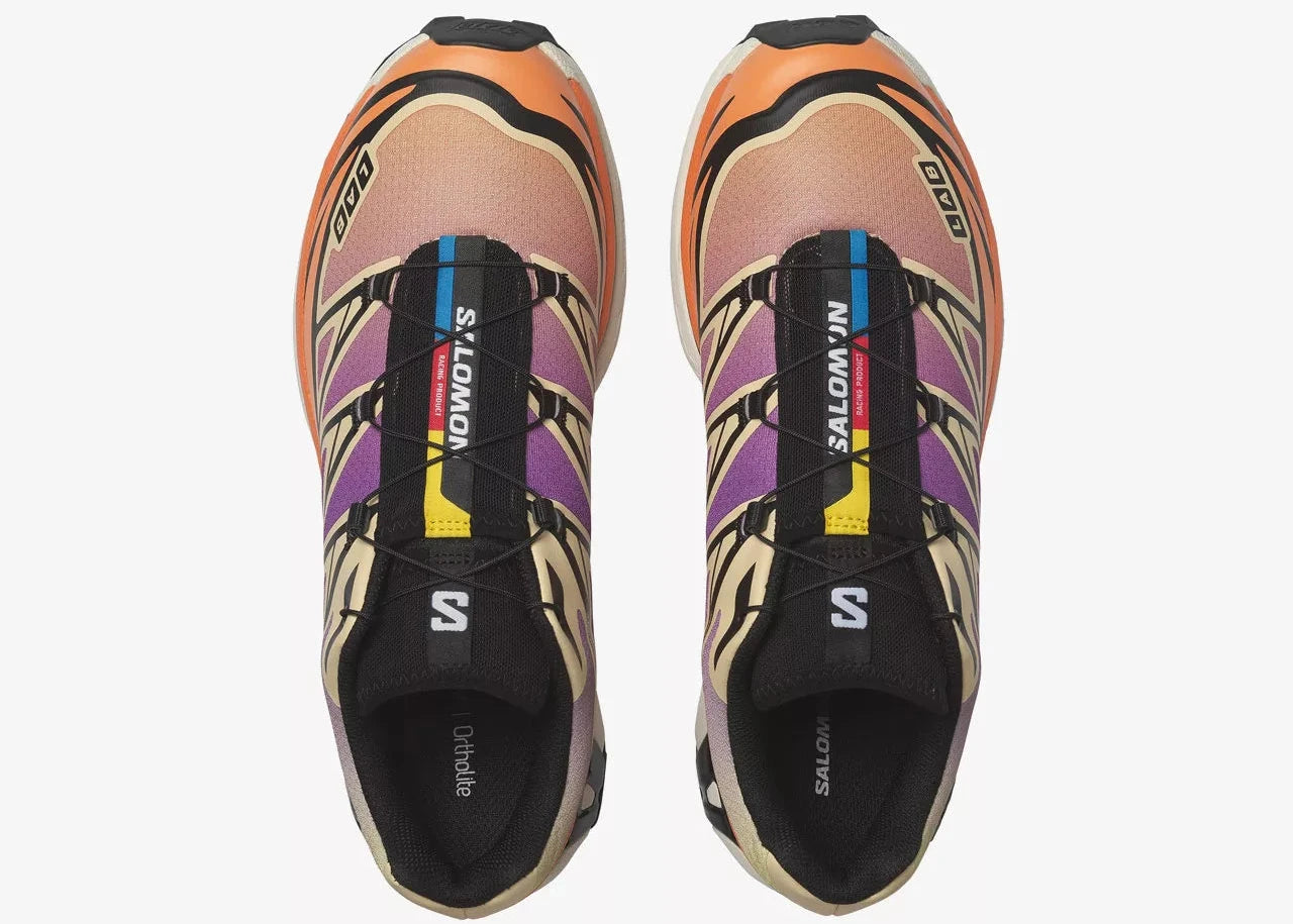 Salomon XT-6 Black Almond Dragon Fire avec tige en mesh noir, renforts synthétiques, détails Almond et Dragon Fire, technologies Quicklace, SensiFit, EnergyCell et semelle Contagrip.