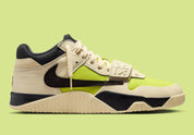 Chaussure de ville jumpman jack travis scott beige et jaune, vert lime, semelle confortable, vue de profil