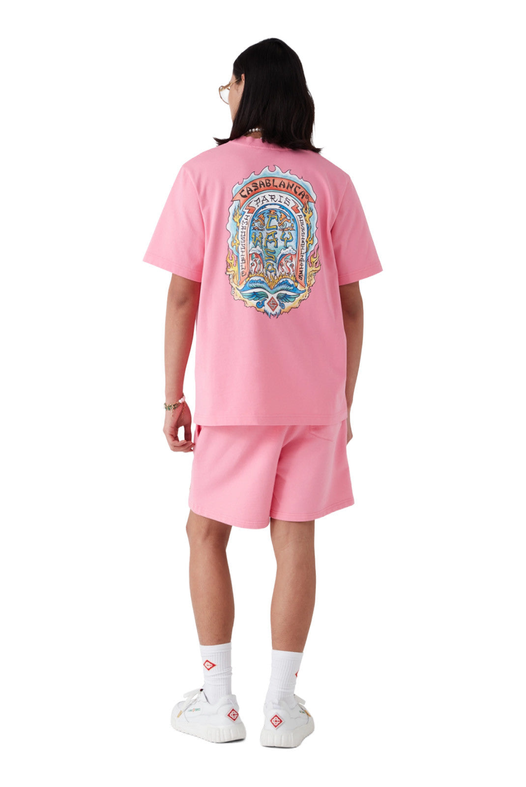 T-shirt Casablanca Way Skate rose en coton premium avec imprimé graphique signature sur le devant.