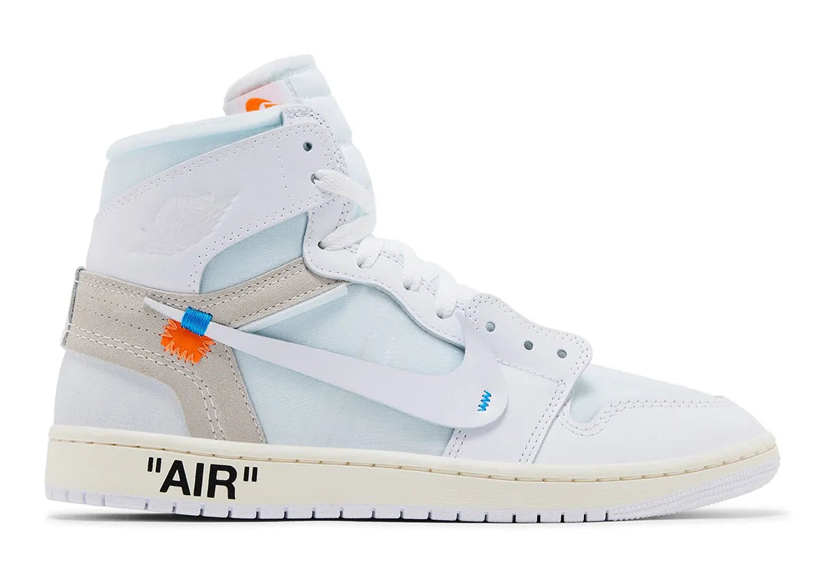 Sneakers Jordan 1 Retro High Off-White Alaska blanches en cuir premium avec détails déstructurés, inscriptions graphiques et semelle Air.