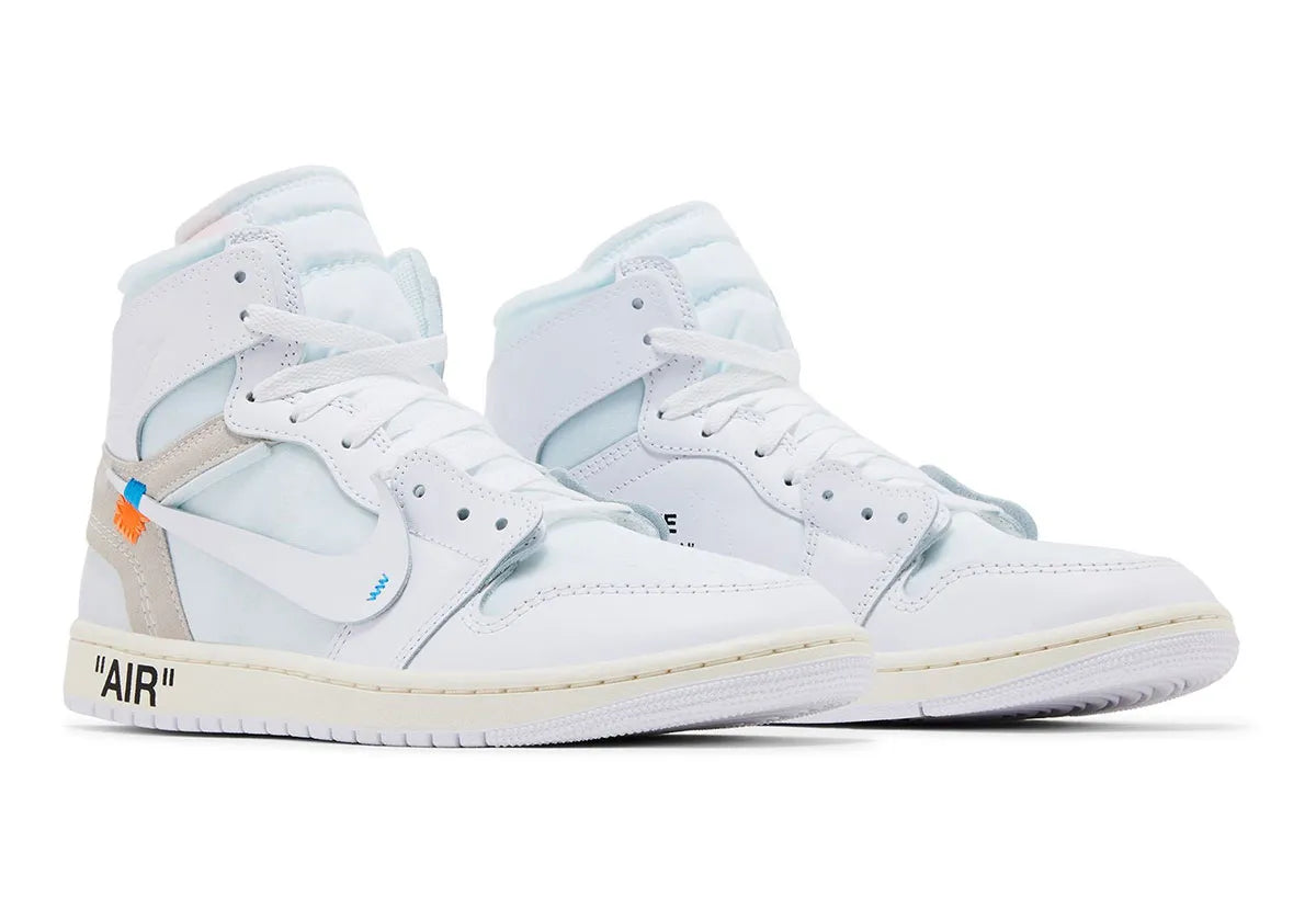 Sneakers Jordan 1 Retro High Off-White Alaska blanches en cuir premium avec détails déstructurés, inscriptions graphiques et semelle Air.