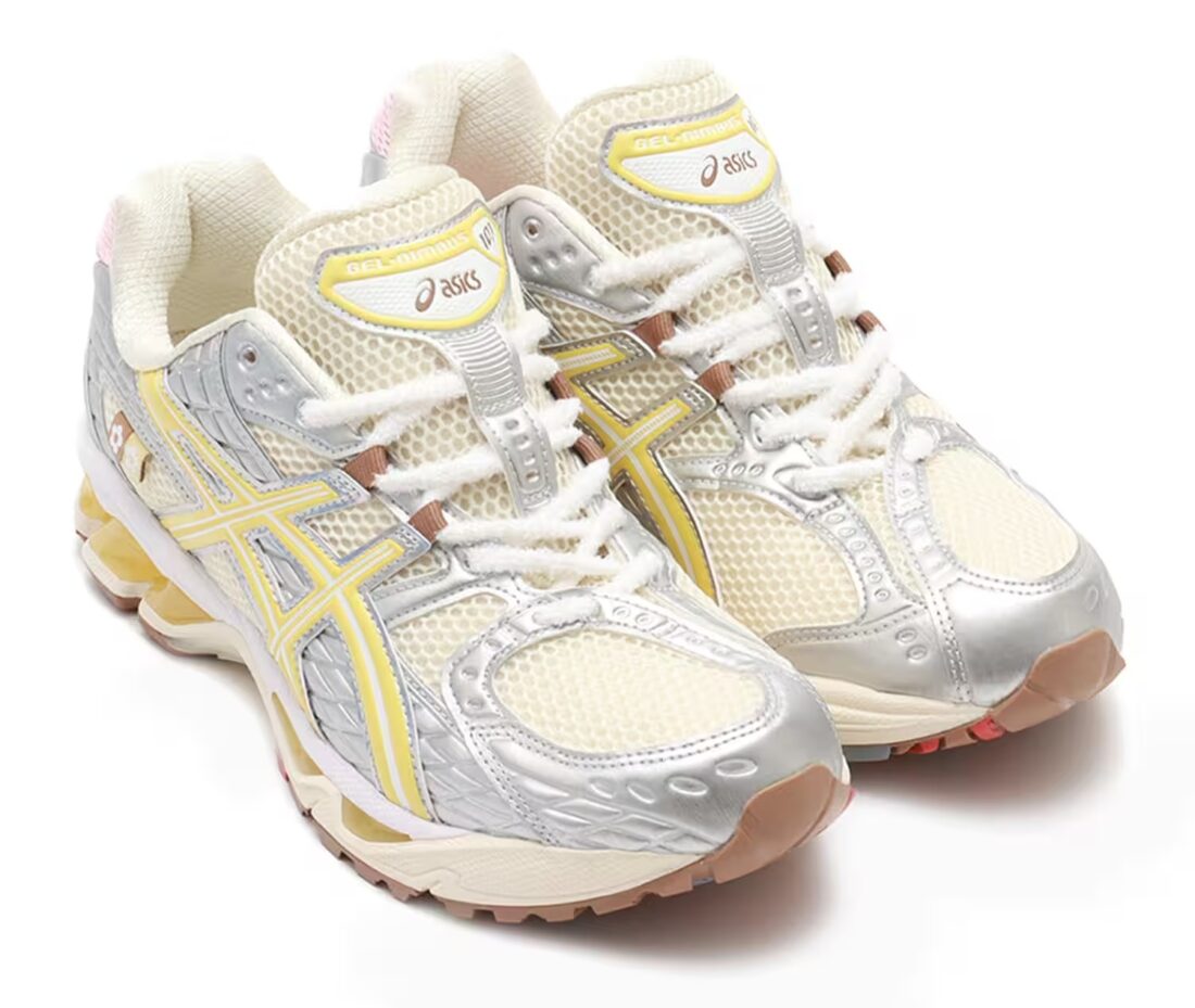 Chaussure de course Asics nimbus 10.1 atmos banana split jaune et rose, semelle confortable , vue de haut