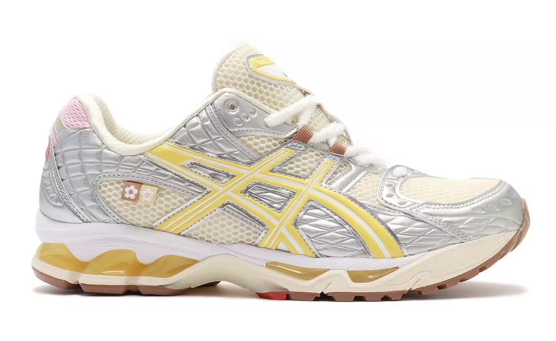 Chaussure de course Asics nimbus 10.1 atmos banana split jaune et rose, semelle confortable , vue de profil