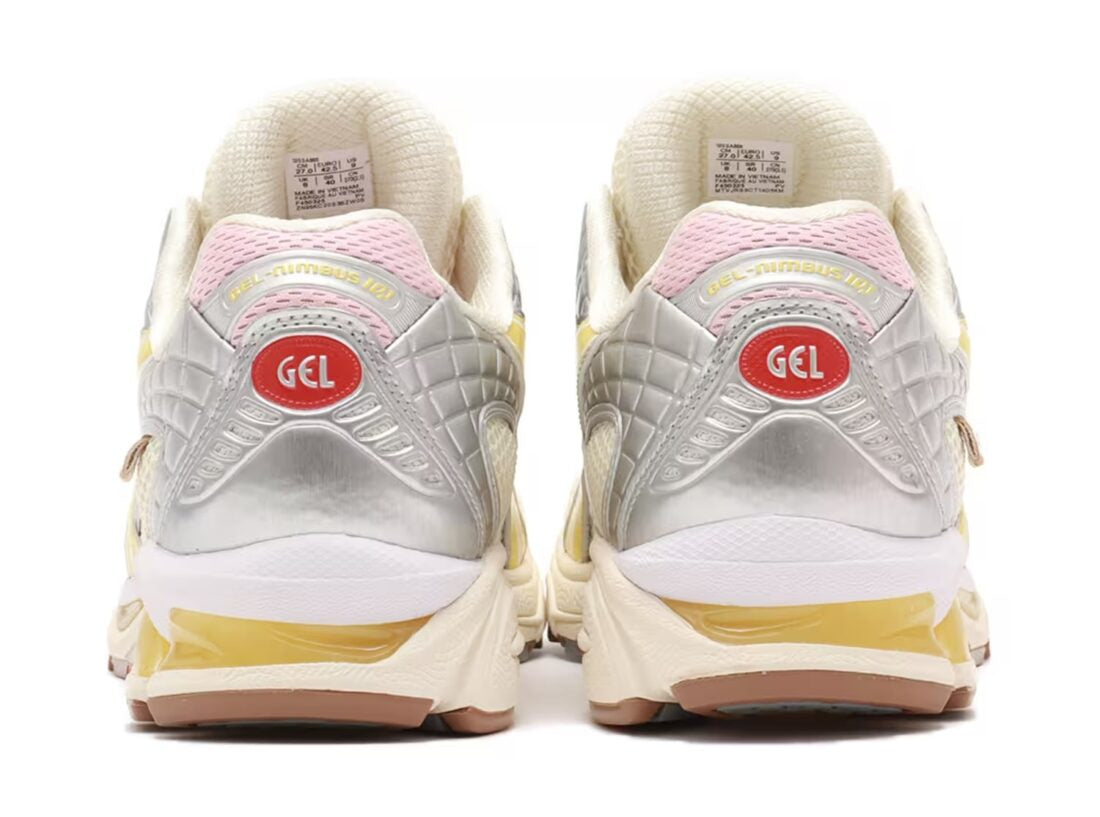 Chaussure de course Asics nimbus 10.1 atmos banana split jaune et rose, semelle confortable , vue de derrière 