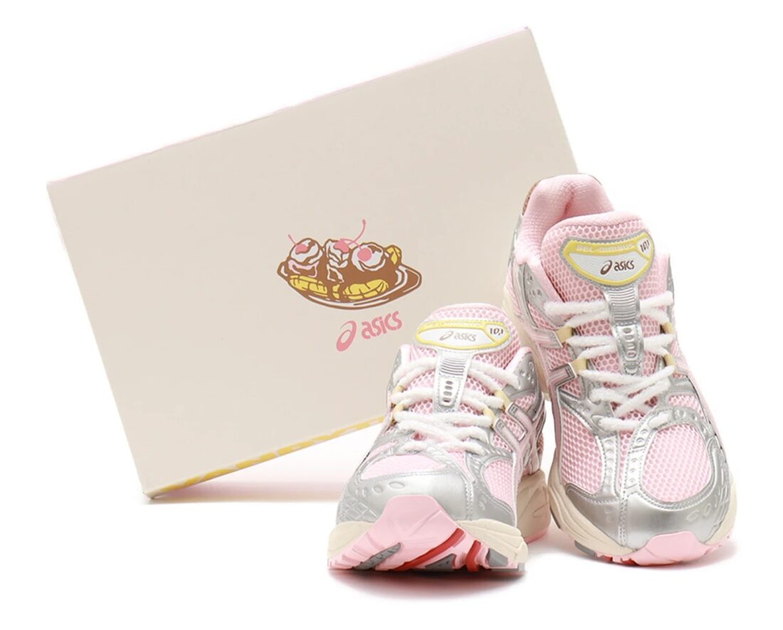 chaussure de course Asics Nimbus 10.1 atmos rose fraise et jaune , semelle confortable , vu de face