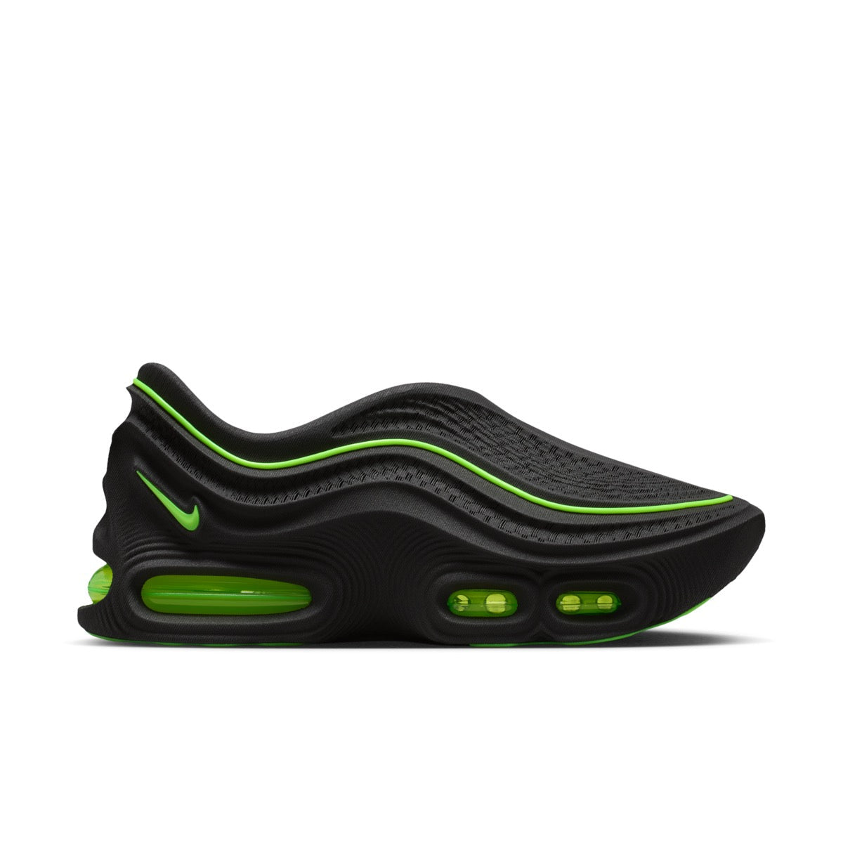 Sneakers Nike Air Max 95000 noires et vert Volt en mesh technique avec amorti Air visible et semelle sculptée futuriste.Vue de coté