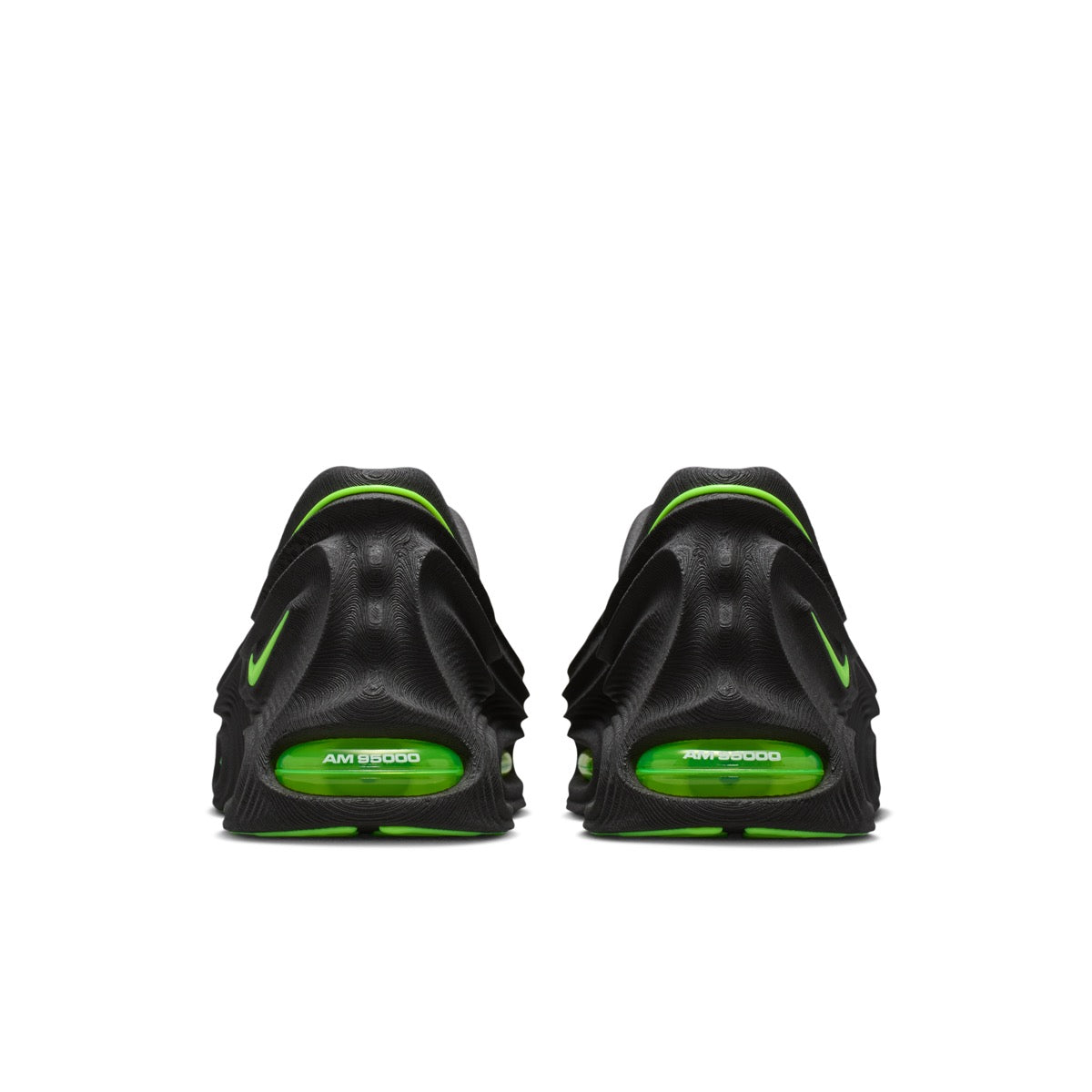 Sneakers Nike Air Max 95000 noires et vert Volt en mesh technique avec amorti Air visible et semelle sculptée futuriste.Vue arrière