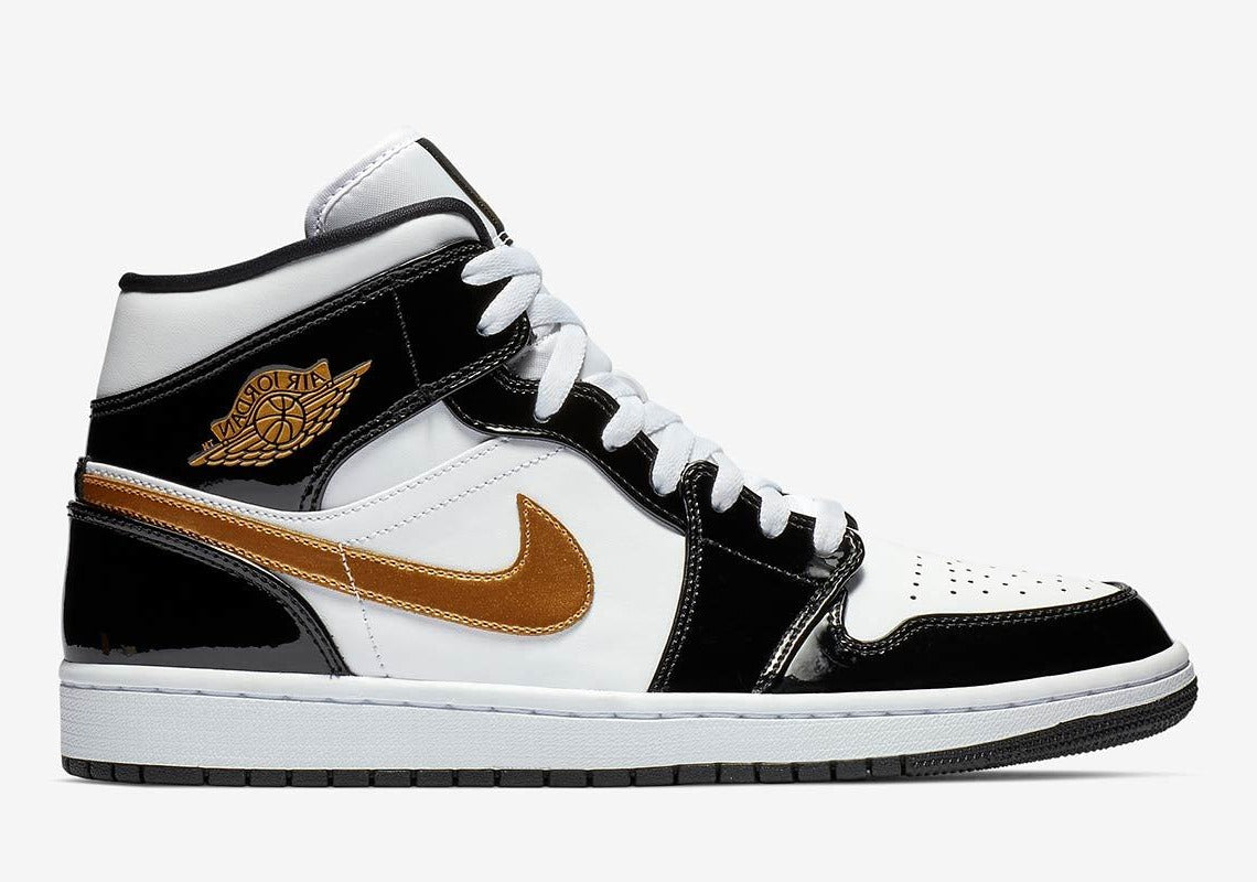 Air Jordan 1 Mid Patent Black White Gold 1