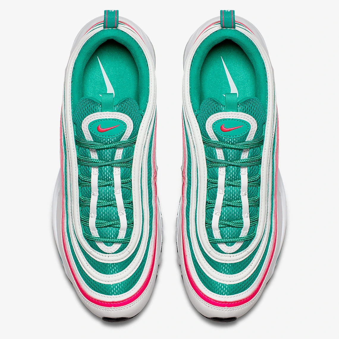 Nike Air Max 97 South Beach avec tige en mesh et cuir aux tons turquoise, rose et blanc, unité Max Air visible sur toute la longueur et semelle extérieure en caoutchouc.